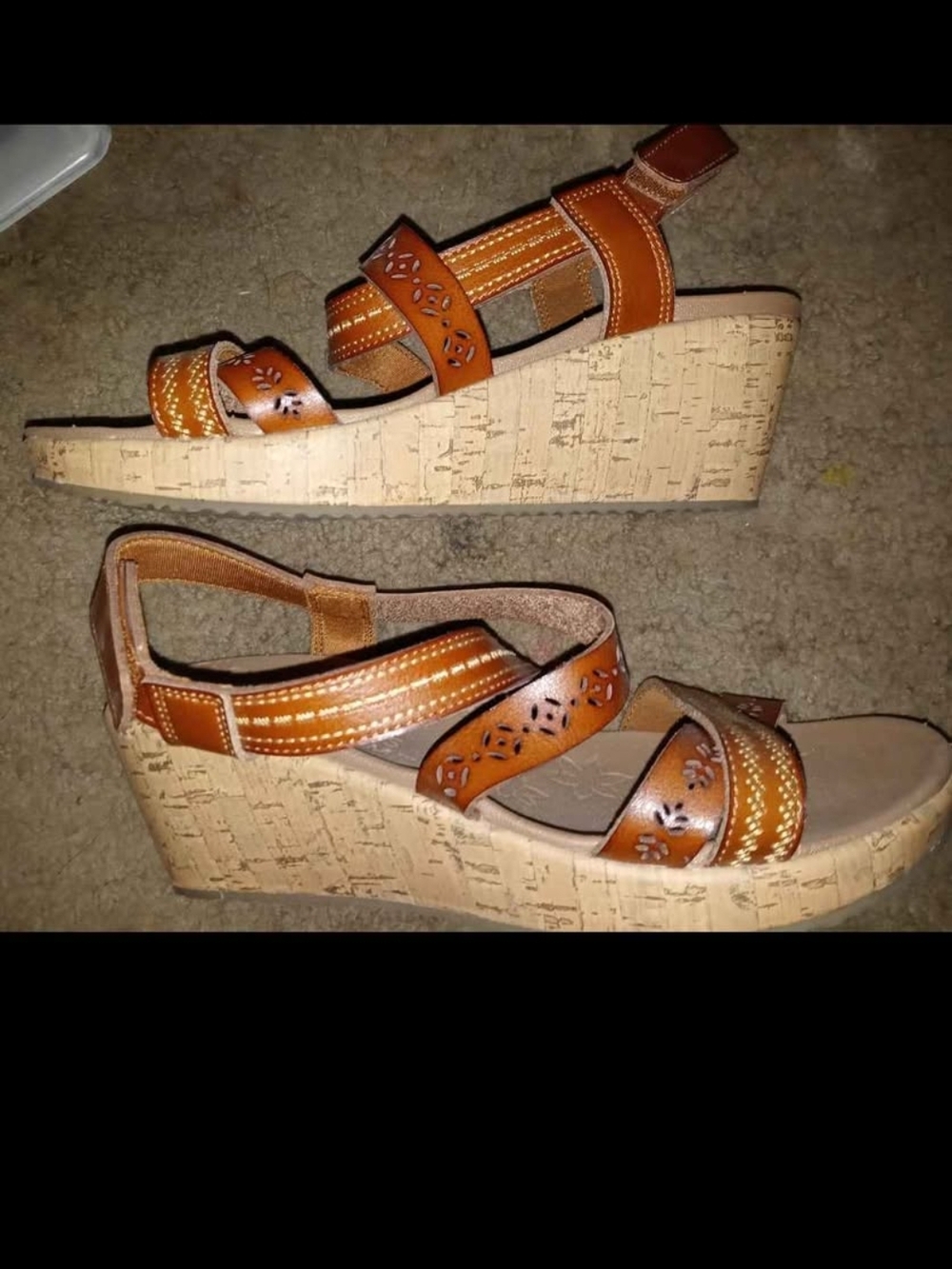 Skechers Brown/Tan Cork Wedge Sandals with Cutout Straps